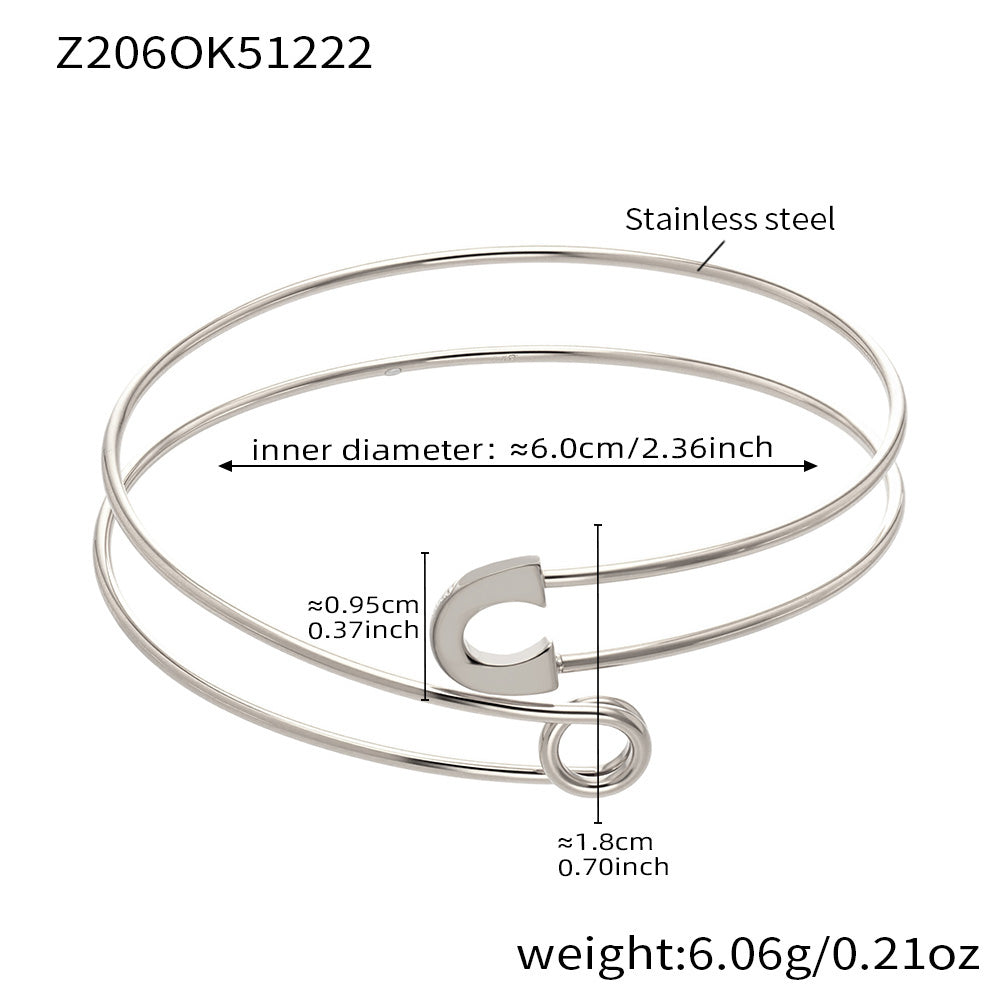Polished silver stainless steel safety-pin bangle spec view, inner diameter 6.0cm, weight 6.06g