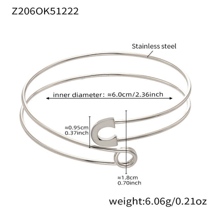 Polished silver stainless steel safety-pin bangle spec view, inner diameter 6.0cm, weight 6.06g