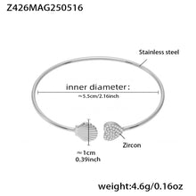 Polished silver stainless steel shell & heart zircon bangle spec view, inner diameter 5.5cm, weight 4.6g