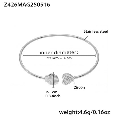 Polished silver stainless steel shell & heart zircon bangle spec view, inner diameter 5.5cm, weight 4.6g