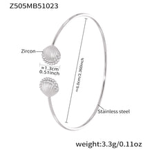 polished silver stainless steel shell zircon cuff bracelet spec view, 6.0cm diameter, 3.3g weight