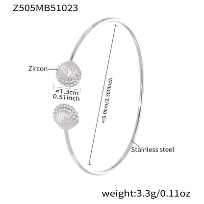 polished silver stainless steel shell zircon cuff bracelet spec view, 6.0cm diameter, 3.3g weight