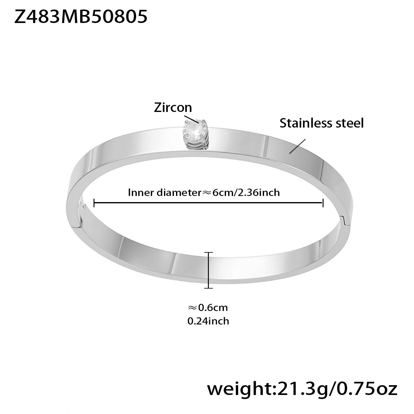 polished silver stainless steel single stone bracelet spec view, inner diameter 6cm, weight 21.3g