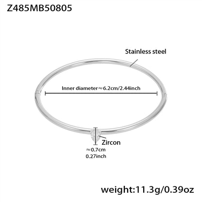 polished silver stainless steel single zircon bracelet spec view, inner diameter 6.2cm, weight 11.3g