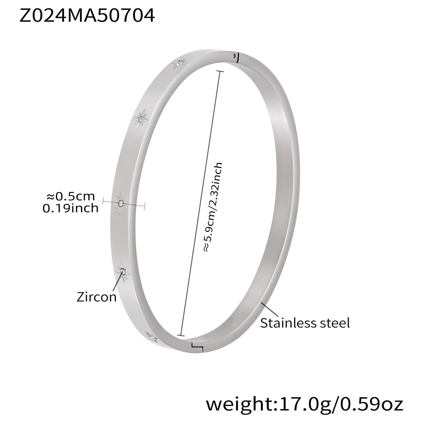 polished silver stainless steel star zircon bangle spec view, inner diameter 5.9cm, weight 17.0g