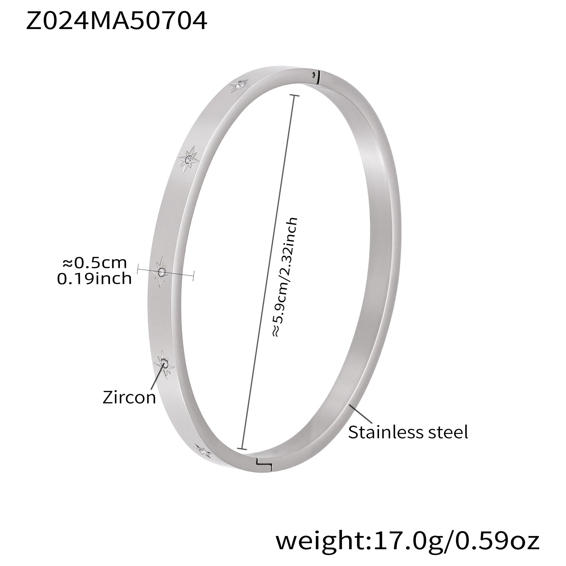 polished silver stainless steel star zircon bangle spec view, inner diameter 5.9cm, weight 17.0g