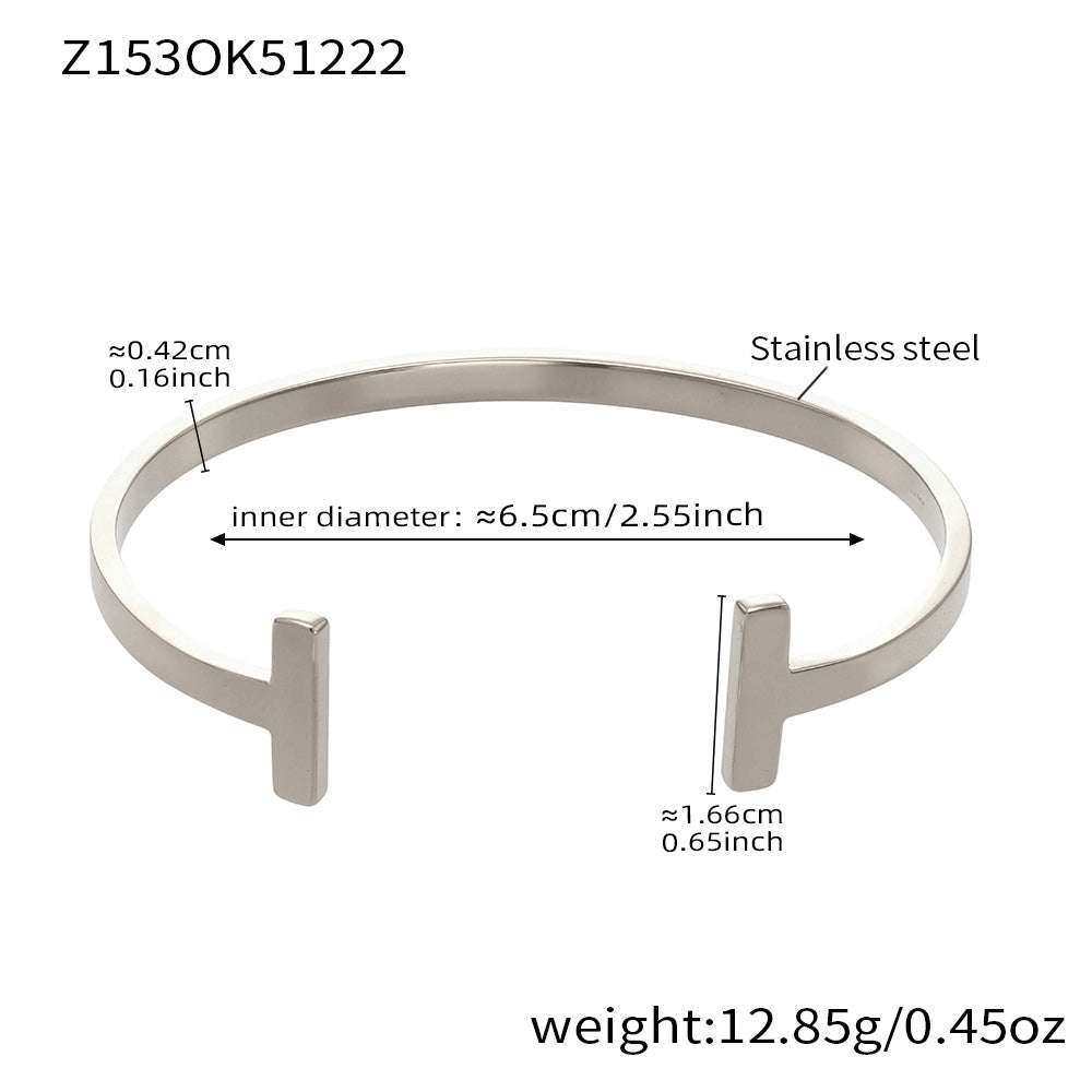 Polished silver stainless steel T-shape open bangle spec view, inner diameter 6.5cm, weight 12.85g