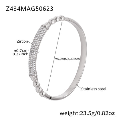 Polished silver stainless steel white zircon bangle spec view, inner diameter 6.0cm, weight 23.5g
