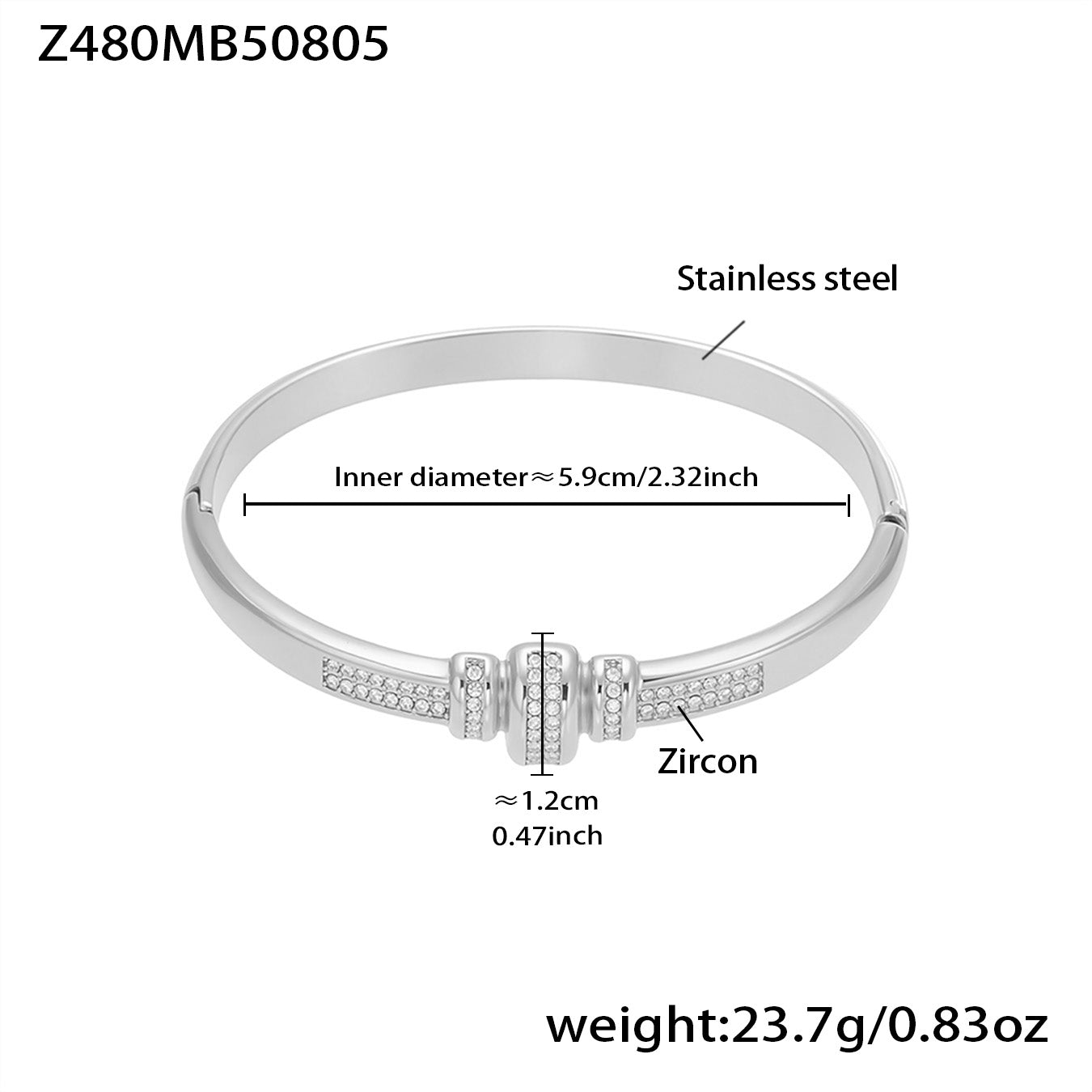 polished silver stainless steel white zircon bracelet spec view, inner diameter 5.9cm, weight 23.7g