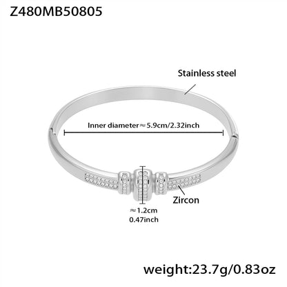 polished silver stainless steel white zircon bracelet spec view, inner diameter 5.9cm, weight 23.7g
