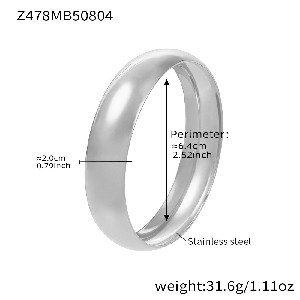 polished silver stainless steel wide cuff bracelet 2.0cm width, spec view with perimeter weight details