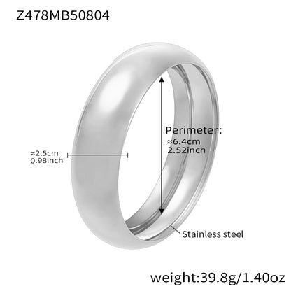 polished silver stainless steel wide cuff bracelet 2.5cm width, spec view with perimeter weight details