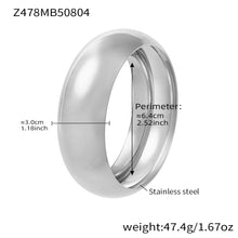 polished silver stainless steel wide cuff bracelet 3.0cm width, spec view with perimeter weight details