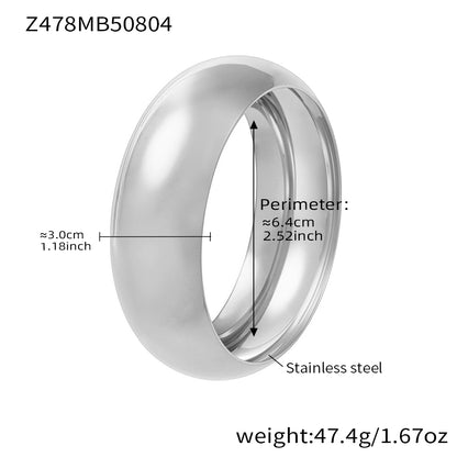polished silver stainless steel wide cuff bracelet 3.0cm width, spec view with perimeter weight details