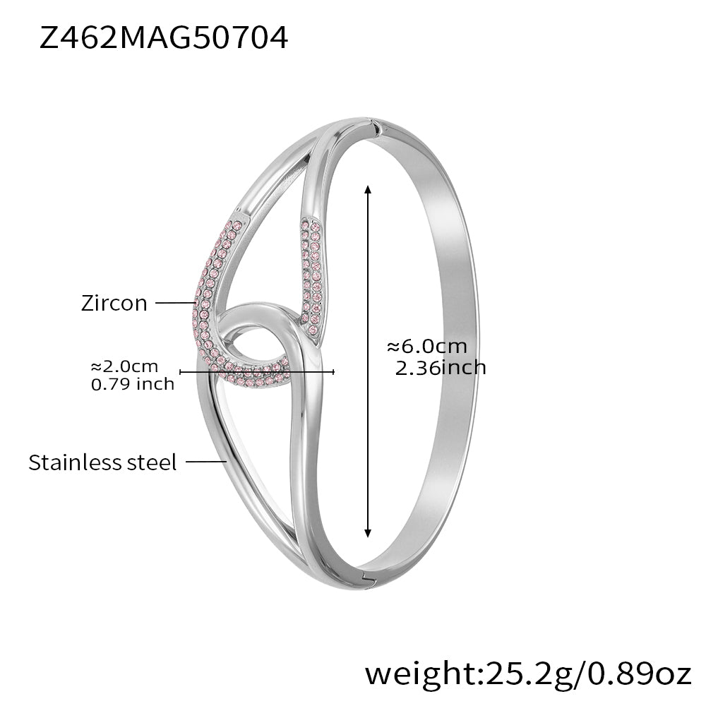 Polished silver stainless steel pink zircon bangle spec view, inner diameter 6.0cm, weight 25.2g