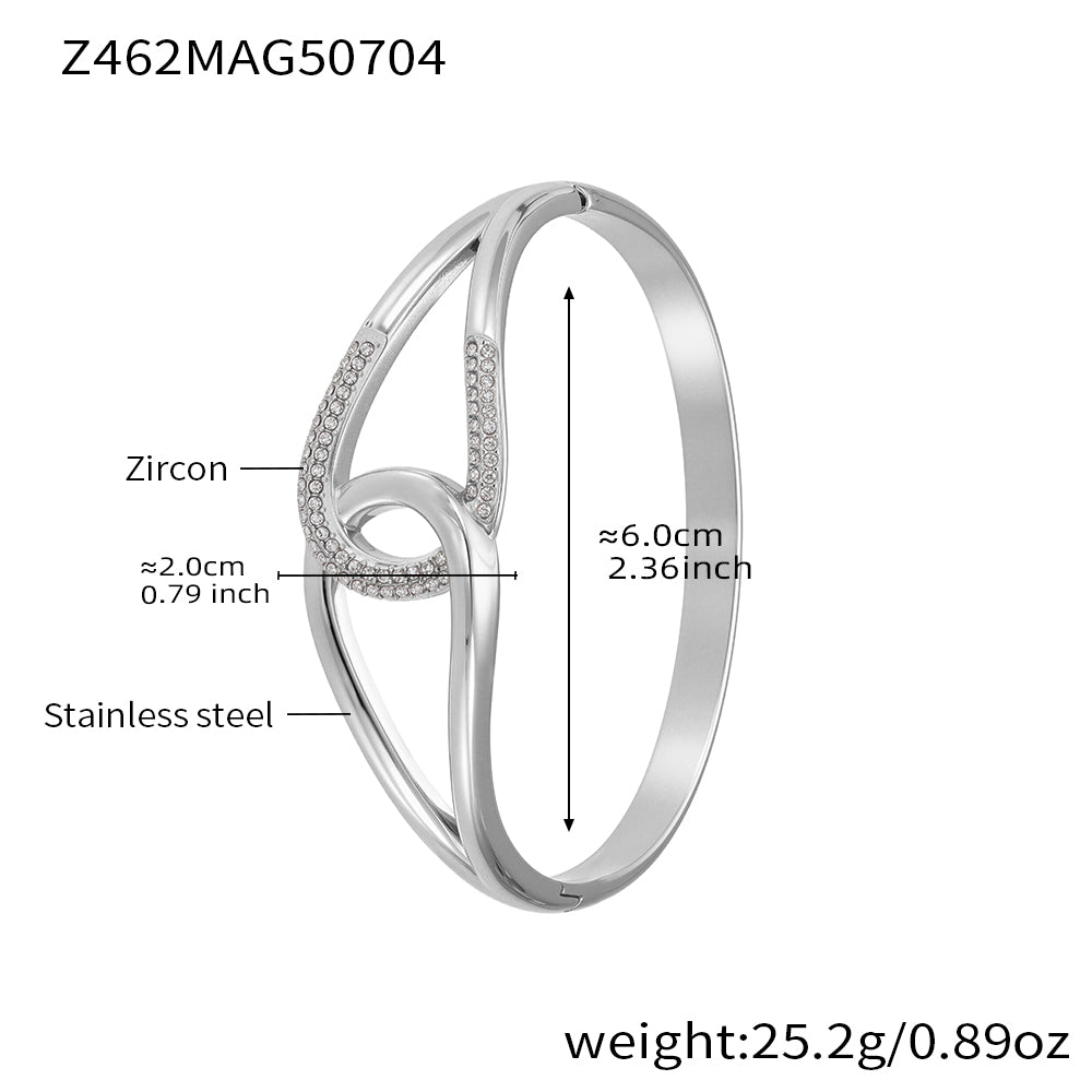 Polished silver stainless steel white zircon bangle spec view, inner diameter 6.0cm, weight 25.2g