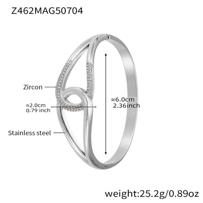 Polished silver stainless steel white zircon bangle spec view, inner diameter 6.0cm, weight 25.2g