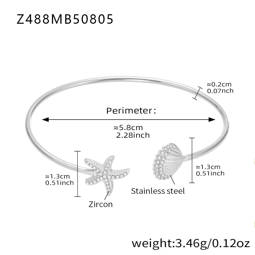 Polished silver stainless steel starfish-shell bangle spec view (5A zircon), perimeter 5.8cm, weight 3.46g