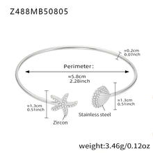 Polished silver stainless steel starfish-shell bangle spec view (5A zircon), perimeter 5.8cm, weight 3.46g