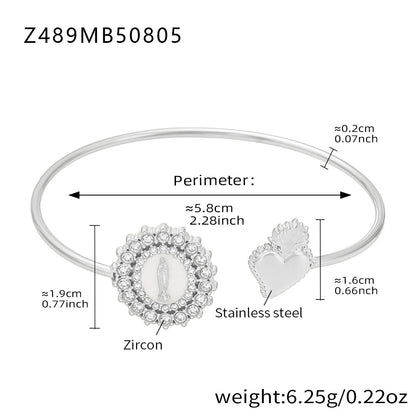 Polished silver stainless steel virgin-heart bangle spec view (5A zircon), perimeter 5.8cm, weight 6.25g