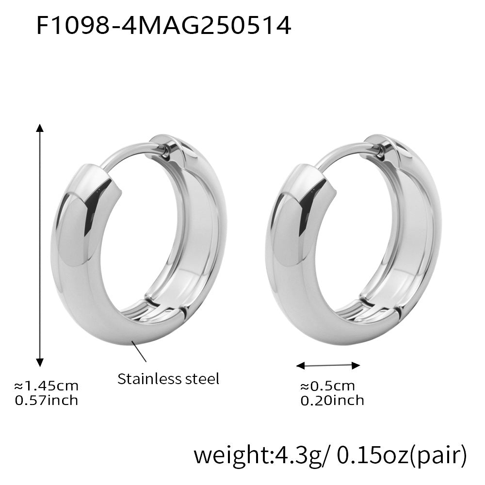 Polished stainless steel hoop earrings measuring approximately 14.5 mm in outer diameter and 5 mm wide, weighing 4.3 g per pair