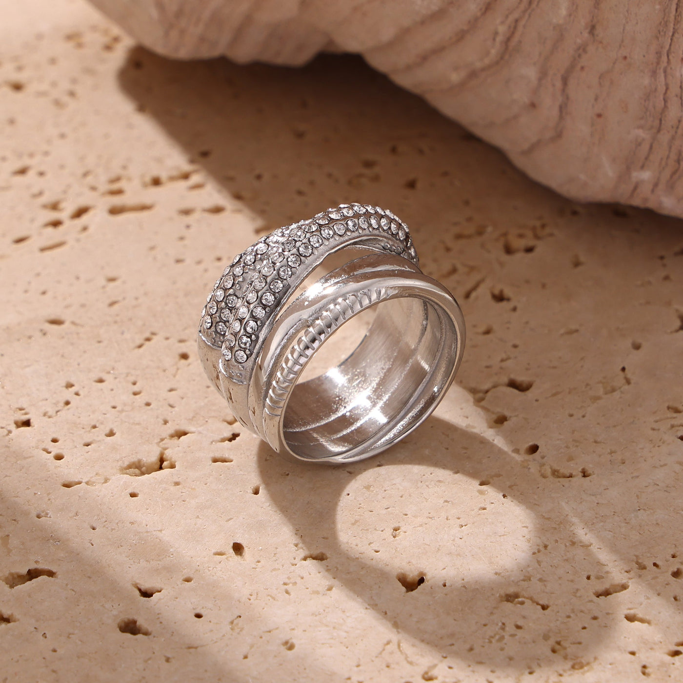Polished steel multi-row ring with clear cubic zirconia accents