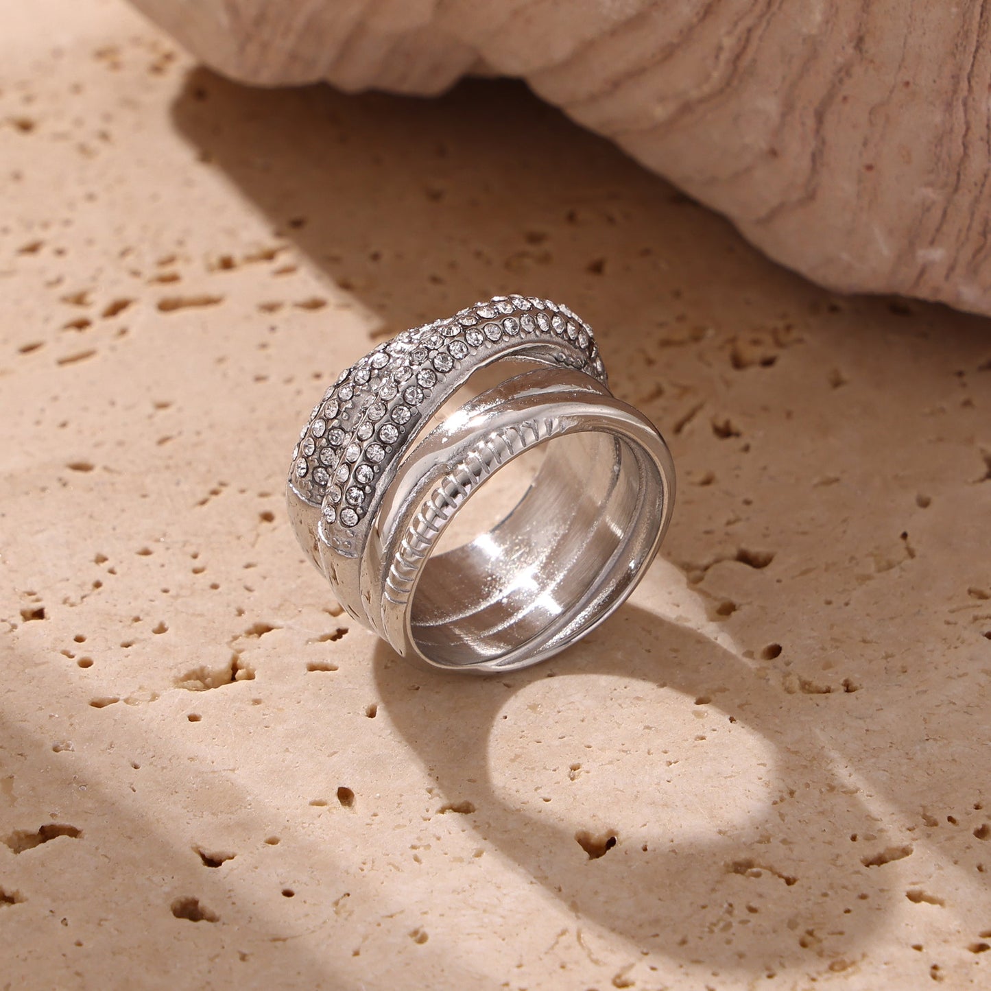 Polished steel multi-row ring with clear cubic zirconia accents