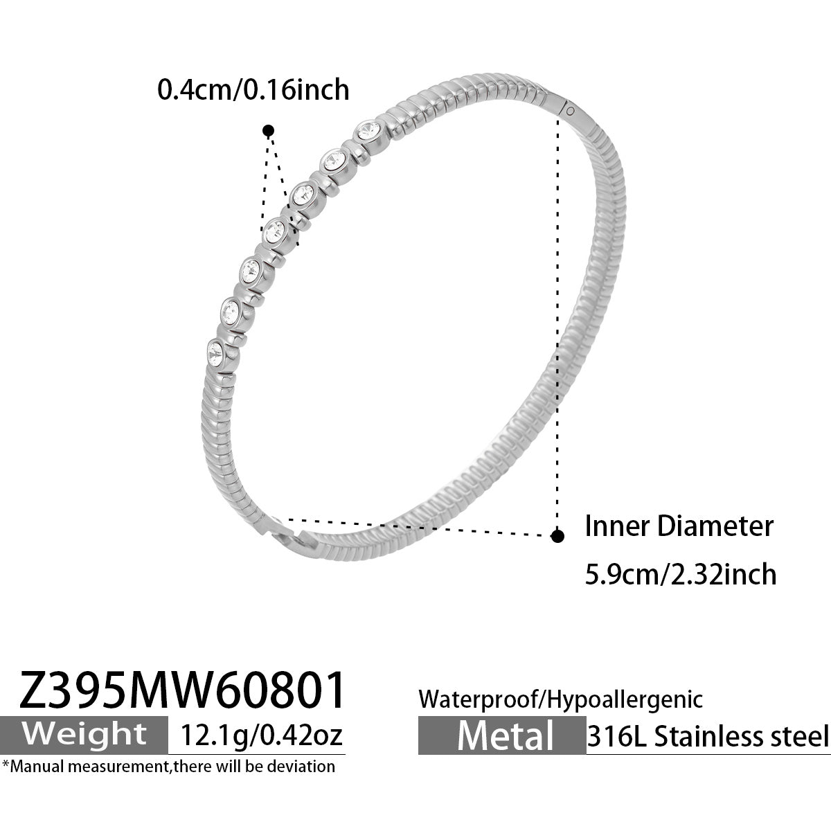 Polished steel striped zircon bangle dimensions and product specification guide