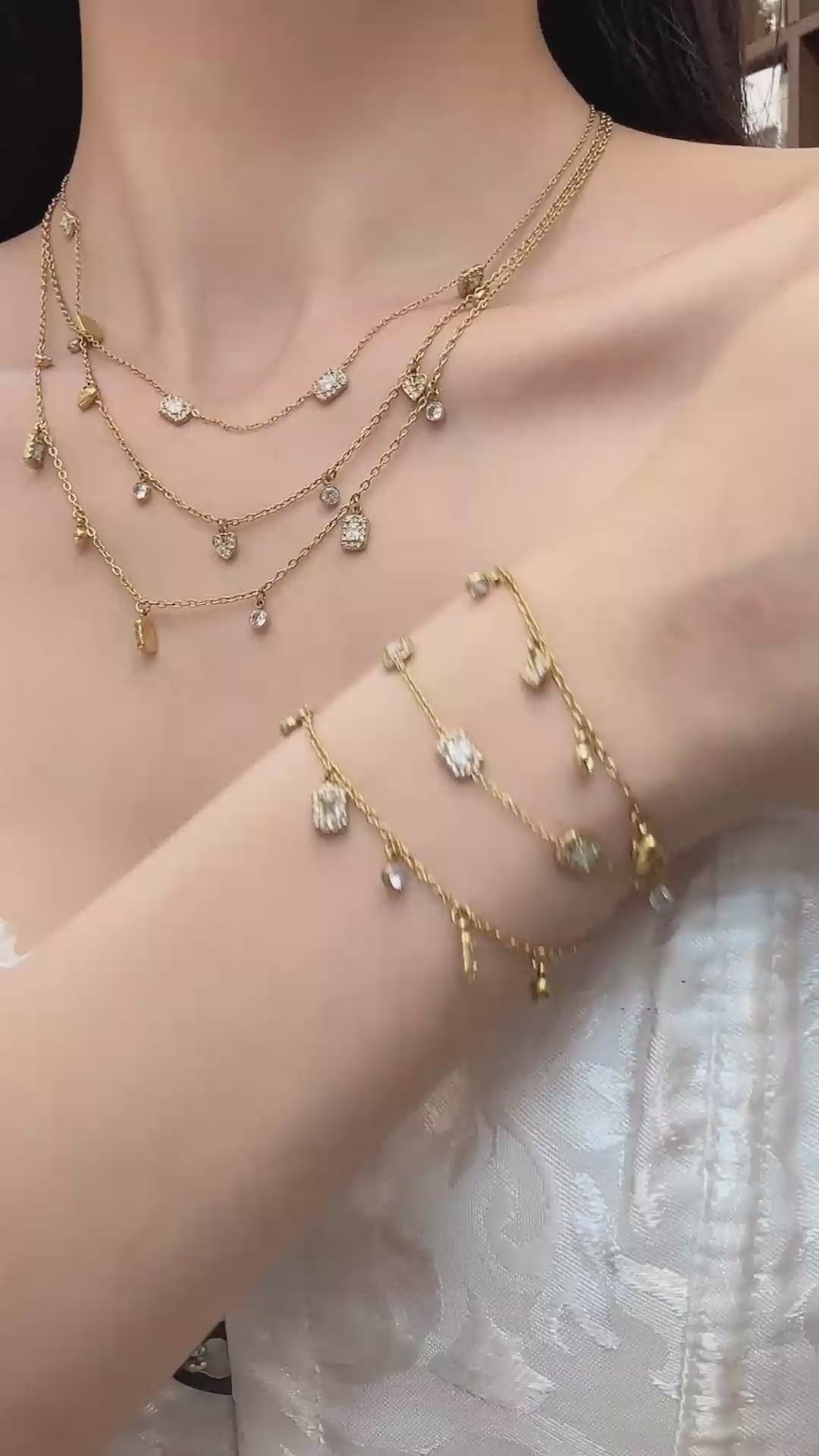 316L stainless steel 18K PVD gold heart & square zircon charm necklace bracelet collection, dainty waterproof women matching stacking jewelry wholesale