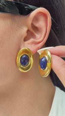 Stainless Steel 18K PVD Gold Oval Lapis Earrings