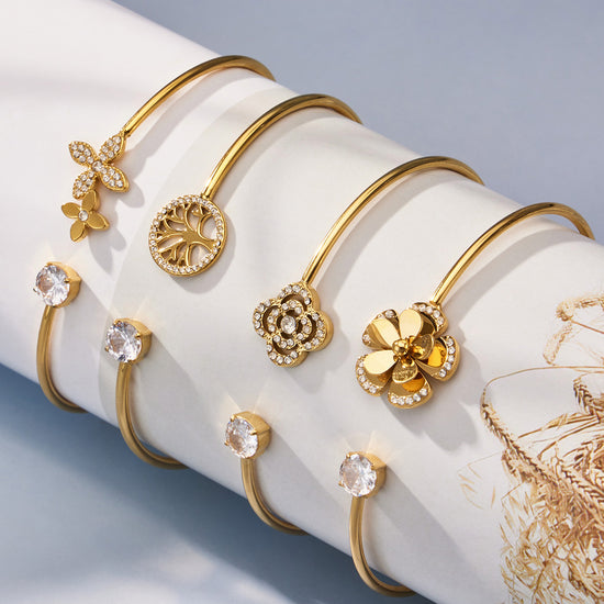 316L Stainless Steel 18K Gold PVD Flower CZ Open Bangle, Hypoallergenic Adjustable Cuff Bracelet for Women, Miduoduo Jewelry Wholesale