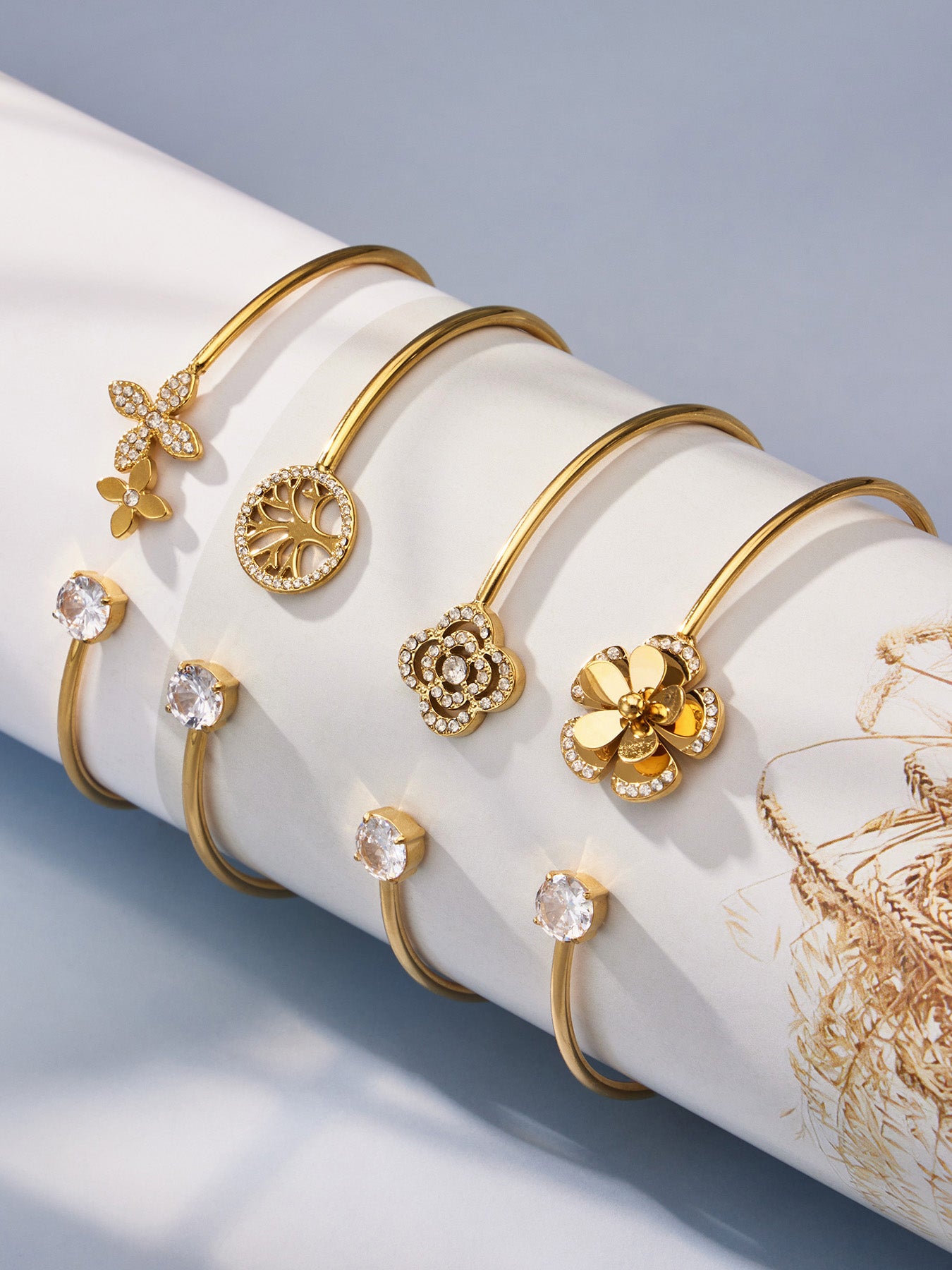 316L Stainless Steel 18K Gold PVD Flower CZ Open Bangle, Hypoallergenic Adjustable Cuff Bracelet for Women, Miduoduo Jewelry Wholesale