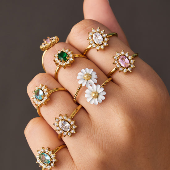 316L Stainless Steel 18K Gold PVD Colored Glass Flower Open Ring, Waterproof Hypoallergenic Wholesale Jewelry for Sensitive Skin, Tarnish-Free Adjustable Fashion Rings for Women, Bulk Jewelry Supplier Miduoduo Jewelry