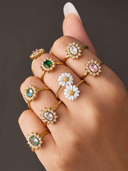 316L Stainless Steel 18K Gold PVD Colored Glass Flower Open Ring, Waterproof Hypoallergenic Wholesale Jewelry for Sensitive Skin, Tarnish-Free Adjustable Fashion Rings for Women, Bulk Jewelry Supplier Miduoduo Jewelry