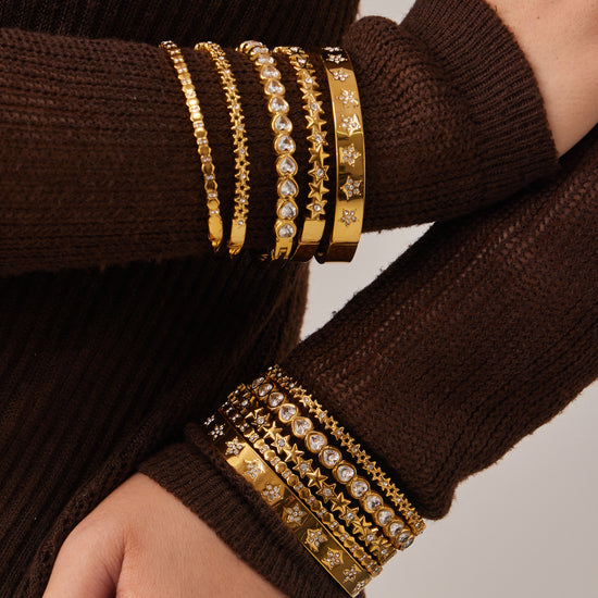 Luxury 18K Gold Plated 316L Stainless Steel Open Cuff Bangle Bracelet with Dense Sparkling 5A Zircon Inlay, Hypoallergenic Waterproof Jewelry for Women
