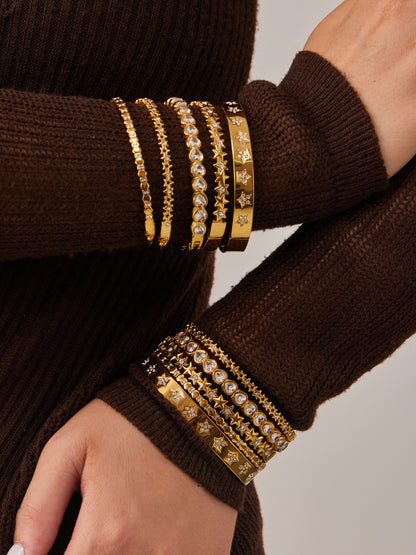 Luxury 18K Gold Plated 316L Stainless Steel Open Cuff Bangle Bracelet with Dense Sparkling 5A Zircon Inlay, Hypoallergenic Waterproof Jewelry for Women