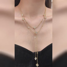Wholesale elegant CZ four-leaf clover Y lariat necklace, polished 18K PVD gold stainless steel jewelry with low MOQ for boutique gift shop