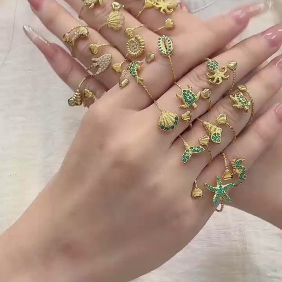 316L stainless steel 18K PVD gold ocean sea life zircon adjustable open ring collection, summer beach waterproof women fashion jewelry wholesale