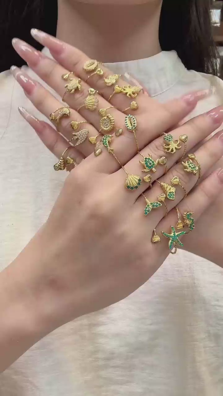 316L stainless steel 18K PVD gold ocean sea life zircon adjustable open ring collection, summer beach waterproof women fashion jewelry wholesale