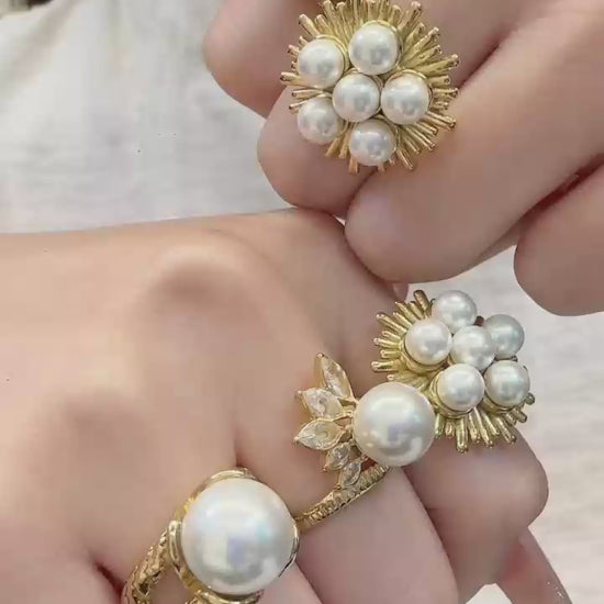 316L stainless steel 18K PVD gold faux pearl zircon statement ring collection, sculptural light luxury women waterproof fashion jewelry wholesale