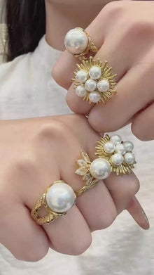 316L stainless steel 18K PVD gold faux pearl zircon statement ring collection, sculptural light luxury women waterproof fashion jewelry wholesale
