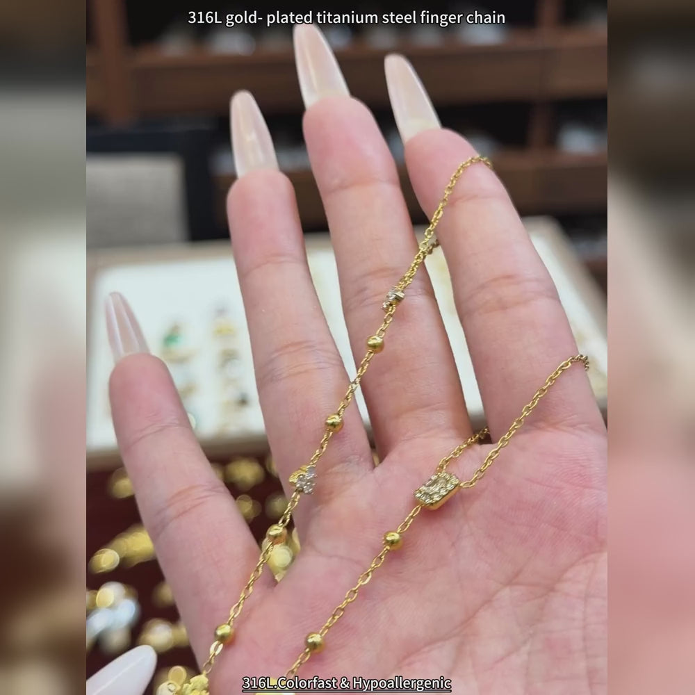 18K PVD Gold 316 Stainless Steel 5A Zircon Hand Chain Bracelet, connected finger ring to wrist harness hand jewelry for women party bridal styling