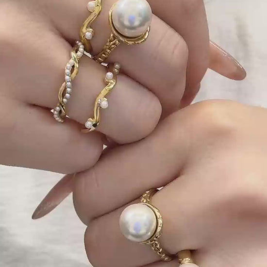 Wholesale minimalist pearl ring collection, hypoallergenic 316L stainless steel 18K gold ladies daily stack rings
