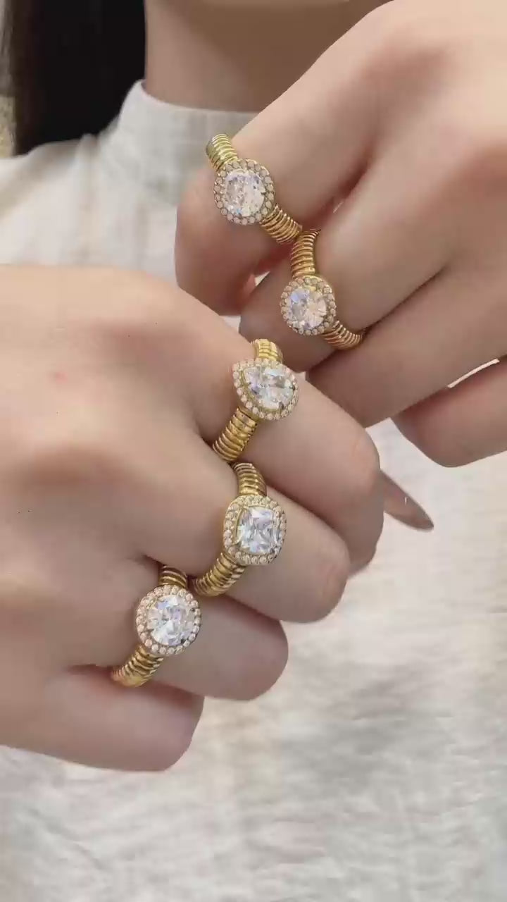 Wholesale light luxury 5A zircon halo open ring assortment, tarnish resistant 316L stainless steel geometric ladies statement boutique rings