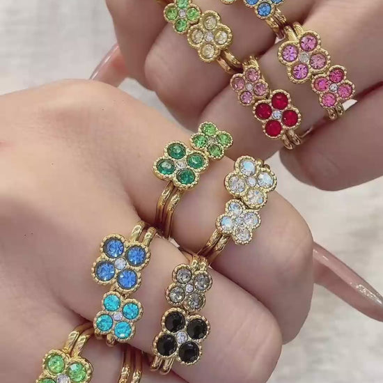 Wholesale multi-color clover cz ring assortment, hypoallergenic 316L stainless steel 18K gold four leaf clover ladies boutique jewelry