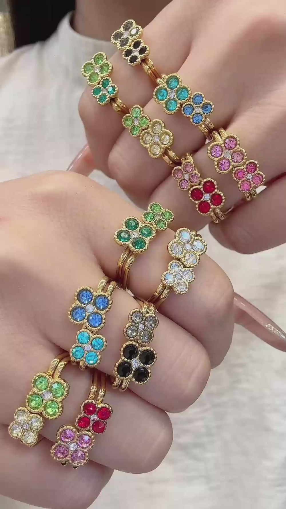 Wholesale multi-color clover cz ring assortment, hypoallergenic 316L stainless steel 18K gold four leaf clover ladies boutique jewelry