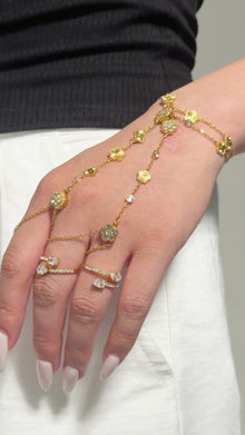Gold-tone hand chain bracelets with floral motifs and clear stone accents, shown on a model's hand.