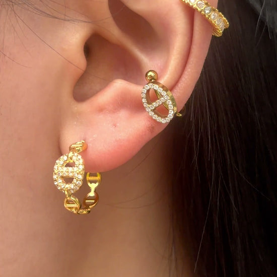 Gold-tone hoop earrings with oval link details and clear stone accents, shown on a model.