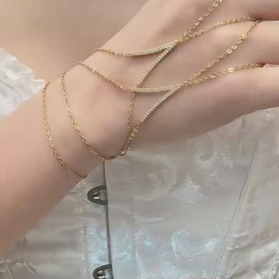 Video cover showing model wearing V-shape zircon hand chain finger bracelet in 316L stainless steel trendy women jewelry collection by Miduoduo Jewelry