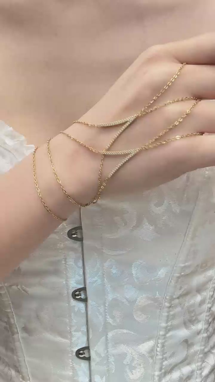 Video cover showing model wearing V-shape zircon hand chain finger bracelet in 316L stainless steel trendy women jewelry collection by Miduoduo Jewelry